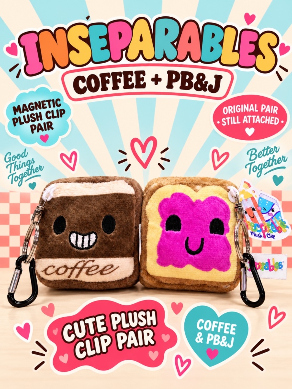 Inseparables Coffee & PB&J Magnetic Plush Clip Keychain Pair NWT- Better togethe